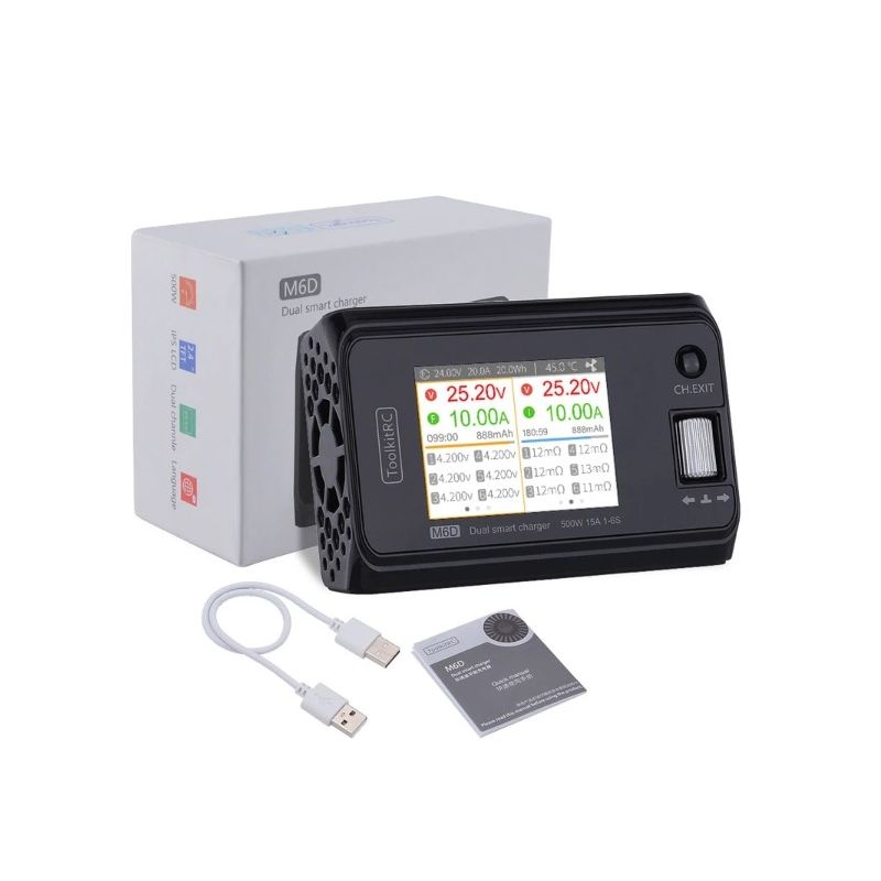 ToolkitRC M6D Caricabatterie Intelligente 500W 15A Doppio Canale per LiPo LiHV LiFe RC Volo Elettrico Ricarica Veloce per Droni Modellismo Dispositivi Radiocomandati Alta Potenza