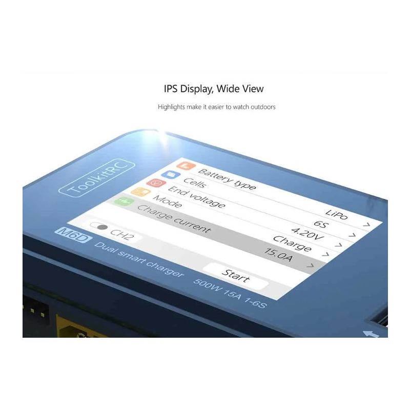 ToolkitRC M6D Caricabatterie Intelligente 500W 15A Doppio Canale per LiPo LiHV LiFe RC Volo Elettrico Ricarica Veloce per Droni Modellismo Dispositivi Radiocomandati Alta Potenza