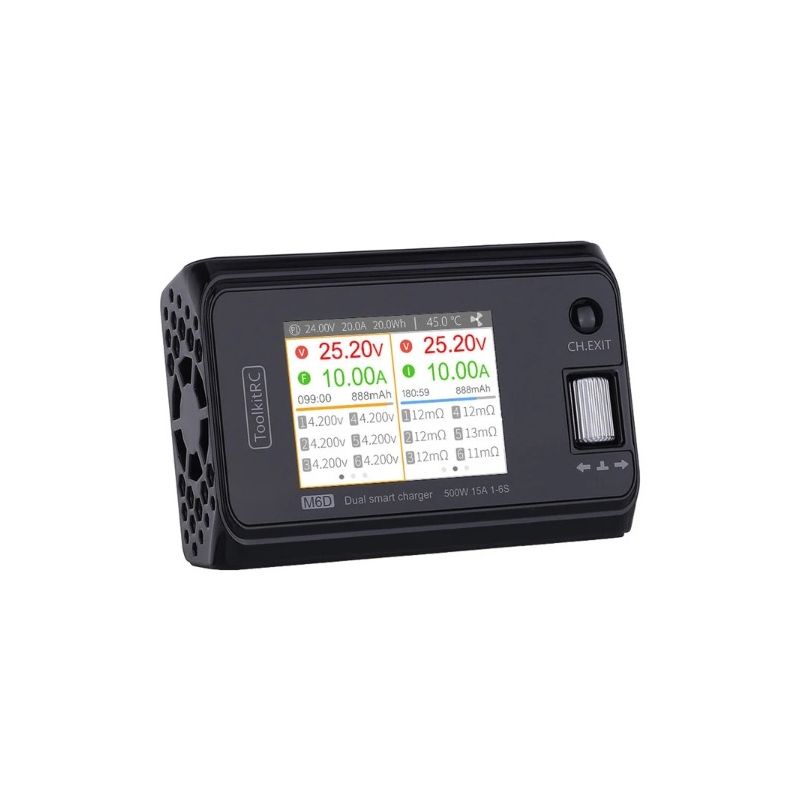 ToolkitRC M6D Caricabatterie Intelligente 500W 15A Doppio Canale per LiPo LiHV LiFe RC Volo Elettrico Ricarica Veloce per Droni Modellismo Dispositivi Radiocomandati Alta Potenza