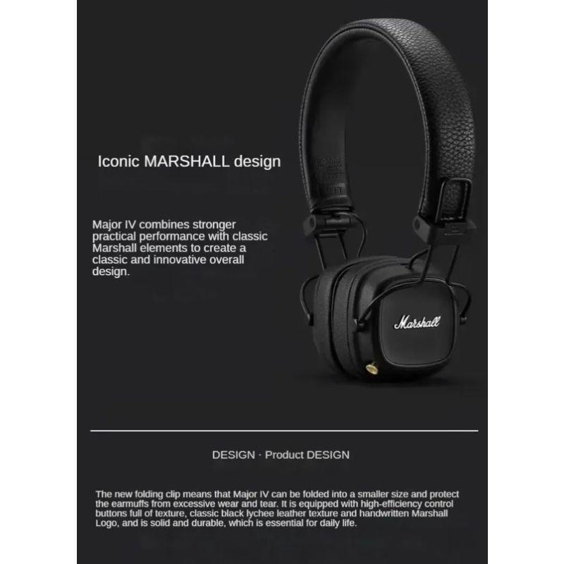 Cuffie Bluetooth Marshall Major IV suono caratteristico bassi potenti ricarica wireless cuffie eleganti design durevole comfort ergonomico per appassionati di musica esperienza audio premium