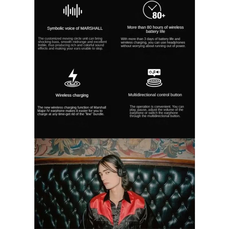 Cuffie Bluetooth Marshall Major IV suono caratteristico bassi potenti ricarica wireless cuffie eleganti design durevole comfort ergonomico per appassionati di musica esperienza audio premium