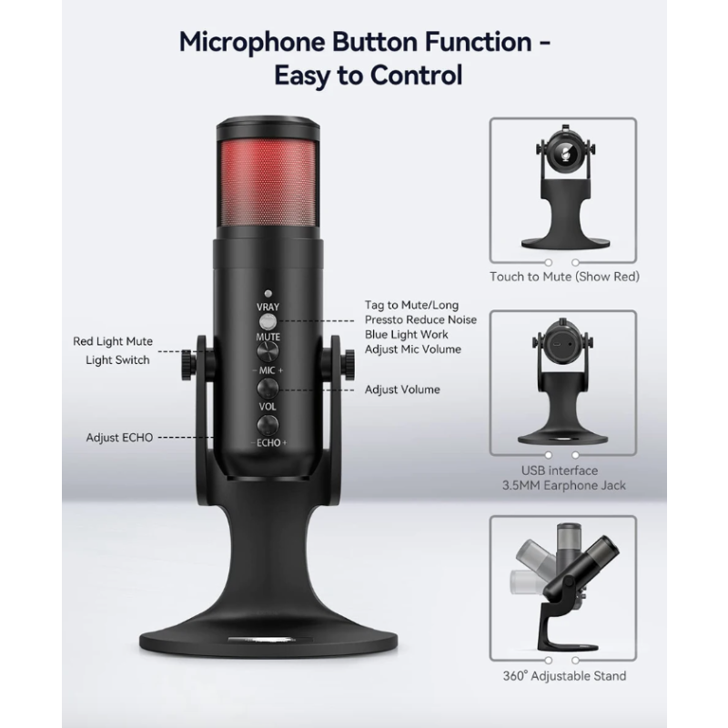 MU900PRO Microfono USB RGB per Creatori di Contenuti Alta Qualità Audio Design Accattivante Perfetto per Streaming Podcasting e Illuminazione RGB Dinamica