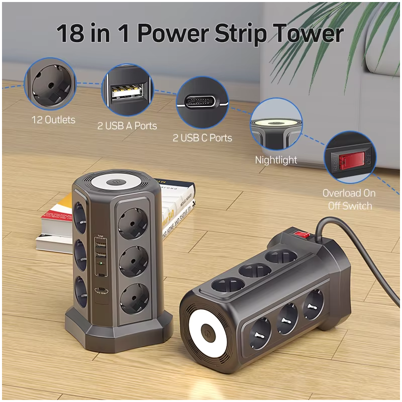 XT-G3211 Multipresa Ciabatta Elettrica Protezione Sovratensione 4000W 16A con USB e Luce Notturna, Multi-Plug Presa EU