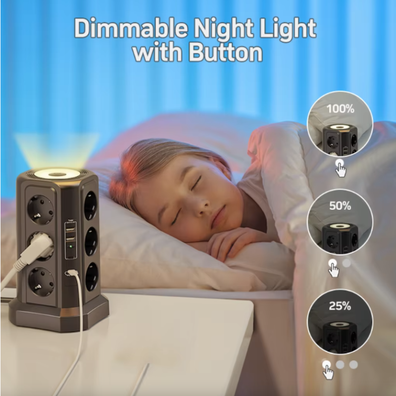 XT-G3211 Multipresa Ciabatta Elettrica Protezione Sovratensione 4000W 16A con USB e Luce Notturna, Multi-Plug Presa EU