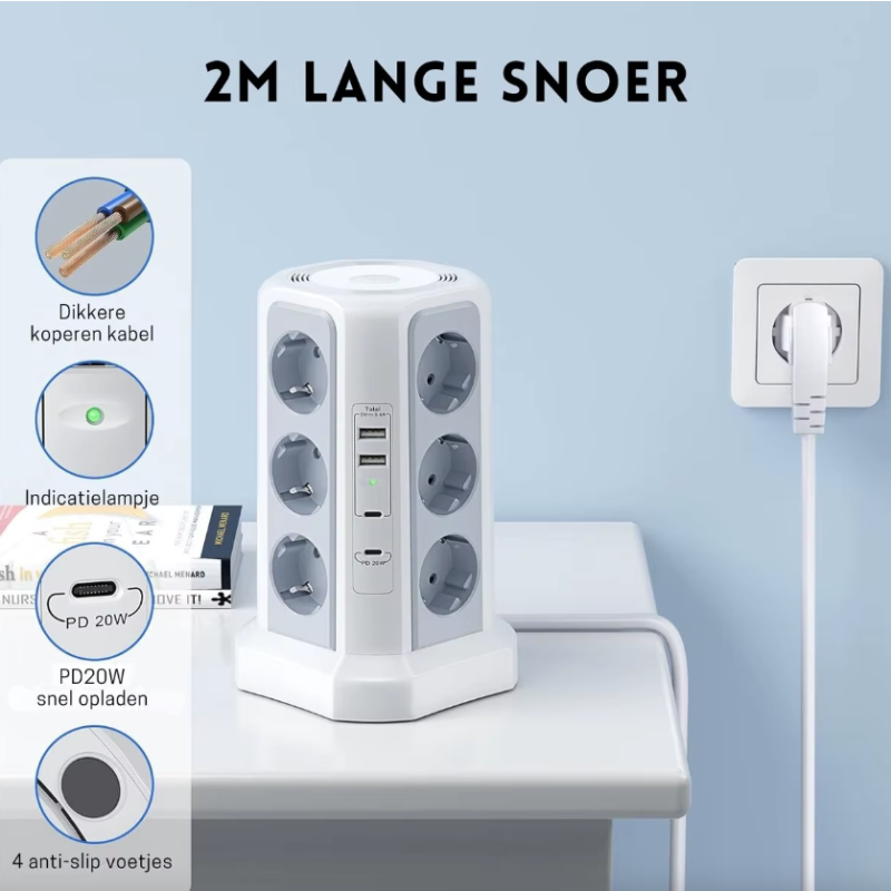 XT-G3211 Multipresa Ciabatta Elettrica Protezione Sovratensione 4000W 16A con USB e Luce Notturna, Multi-Plug Presa EU