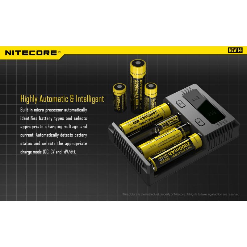 Scopri Nitecore Nuovo Caricabatterie Ionico I4 compatto con compatibilità ampia Li-ion IMR LifePo4 Ni-MH ricarica intelligente sicurezza avanzata indicatore LED accessorio tecnologico