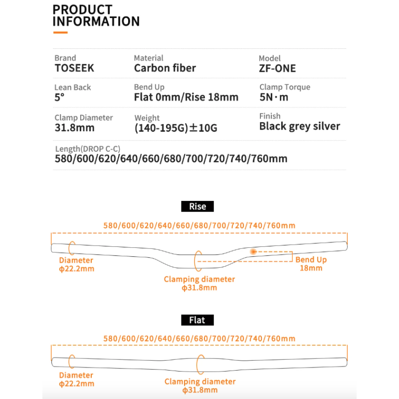 Manubrio per Bicicletta TOSEEK ZF-ONE MTB in Fibra di Carbonio 31.8mm x 580mm-760mm Design Nero Opaco Leggero Accessorio di Qualità Premium per Prestazioni e Guida Efficiente
