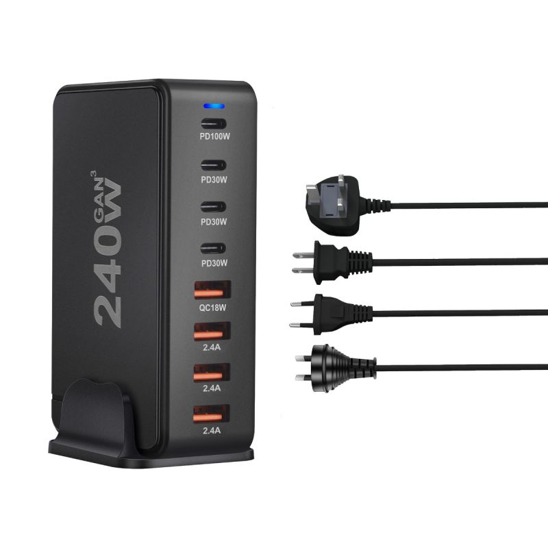 Caricatore GaN da tavolo 240W con tecnologia Nitruro di Gallio 8 porte USB tipo C PD multi-dispositivo ricarica intelligente per smartphone laptop tablet efficienza superiore