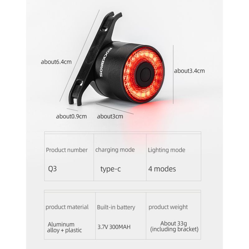 Fanale posteriore ROCKBROS Q3 per ciclismo notturno MTB bici da strada con sensore intelligente impermeabile IPX6 visibilità ottimale accessorio sicurezza per biciclette