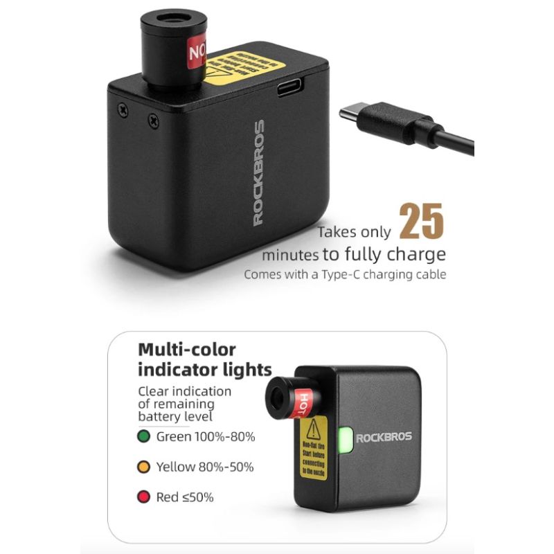 ROCKBROS Pompa Elettrica Portatile per Bici 100PSI Gonfiatore Ricaricabile per Auto Moto Compatta Potente Perfetta per Manutenzione Pneumatici e Gonfiaggio a Lunga Distanza