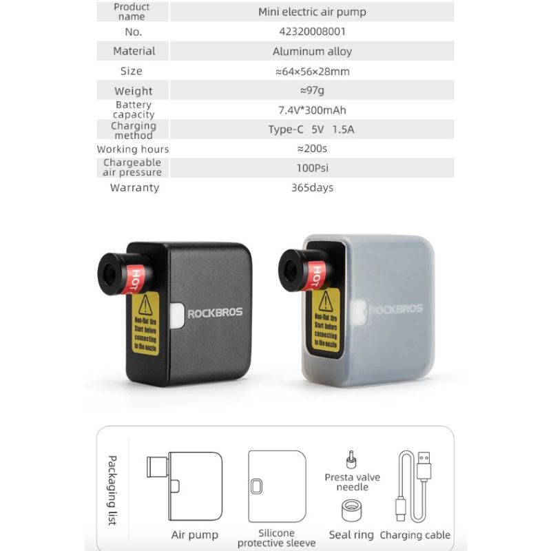ROCKBROS Pompa Elettrica Portatile per Bici 100PSI Gonfiatore Ricaricabile per Auto Moto Compatta Potente Perfetta per Manutenzione Pneumatici e Gonfiaggio a Lunga Distanza