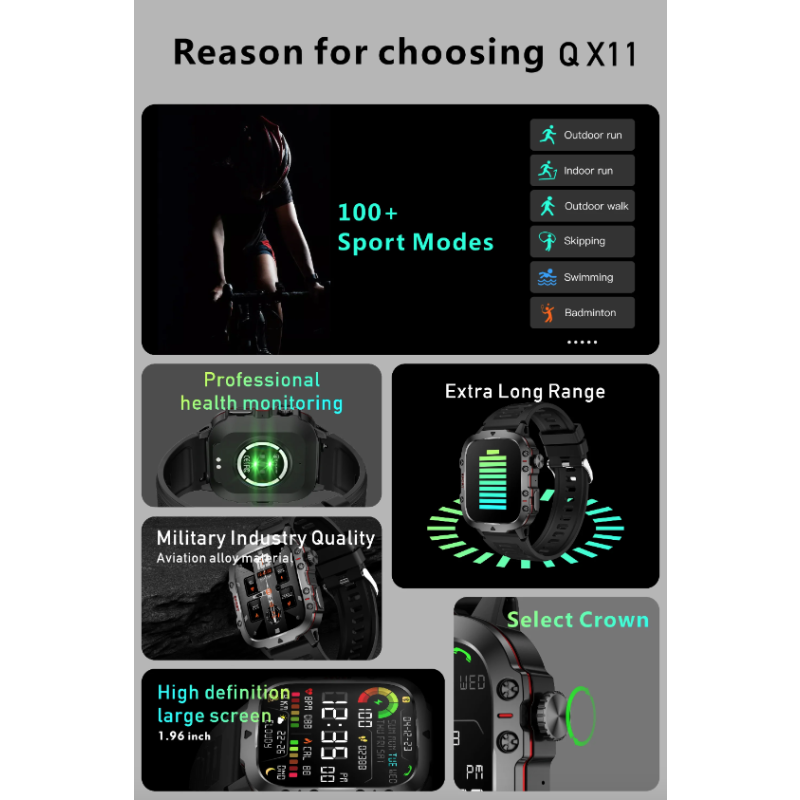 Smartwatch QX11 Uomo IP68 5ATM Chiamata BT Outdoor Sport Fitness Tracker Monitor Salute 1.96