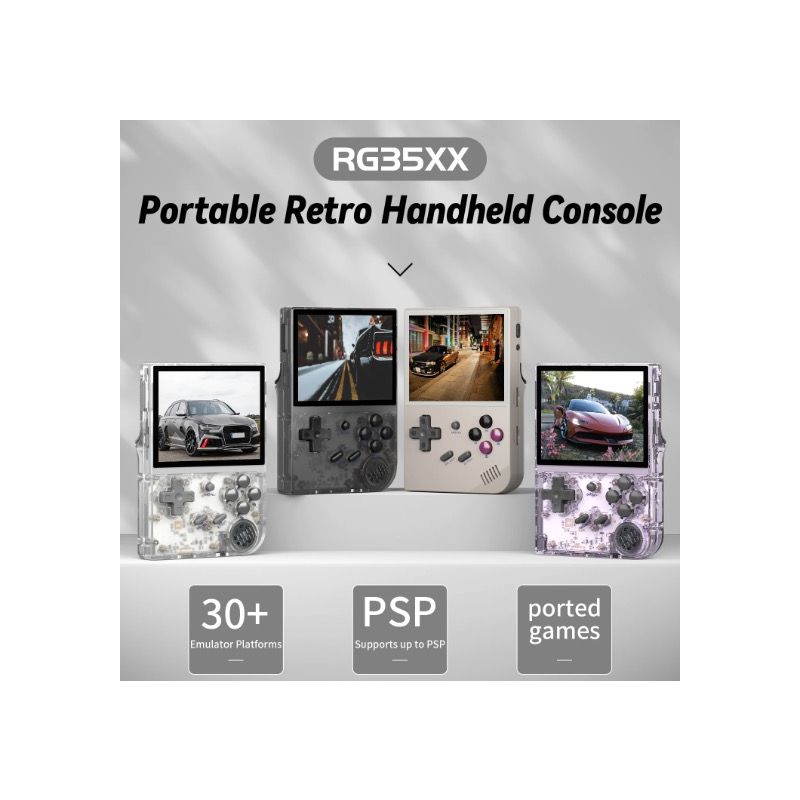 ANBERNIC RG35XX console di gioco portatile retrò supporto PSP design elegante in grigio e viola trasparente schermo IPS vibrante da 35 pollici per gaming classico e nostalgia del gaming
