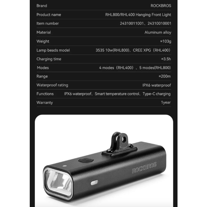 ROCKBROS RHL-1000LUMEN Luce anteriore per bici con 1000 lumen alta luminosità antipioggia ricaricabile Type-C ideale per ciclismo notturno e ciclisti di montagna robusta e versatile