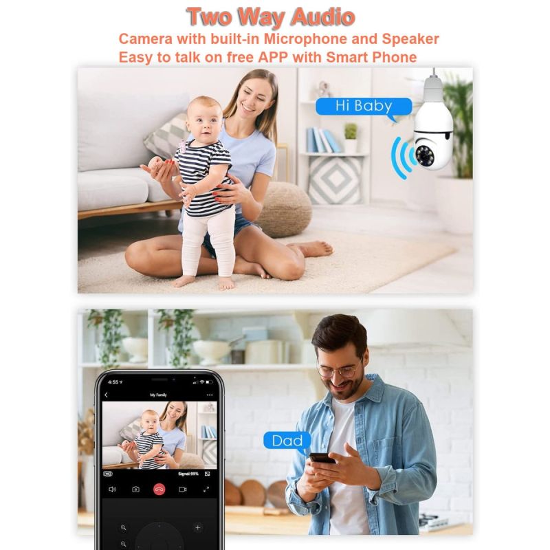 Lampadina Telecamera di Sorveglianza 5G Wifi E27 Visione Notturna Full Color Tracciamento Automatico Audio Bidirezionale Connessione Dual Band per Soluzione di Sicurezza Casa Intelligente