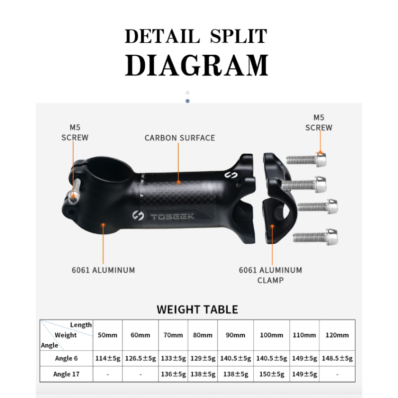 Attacco manubrio bicicletta TOSEEK 28.6-31.8mm leggero e durevole in alluminio e carbonio angolo regolabile finitura nero opaco per appassionati di ciclismo e mountain biking