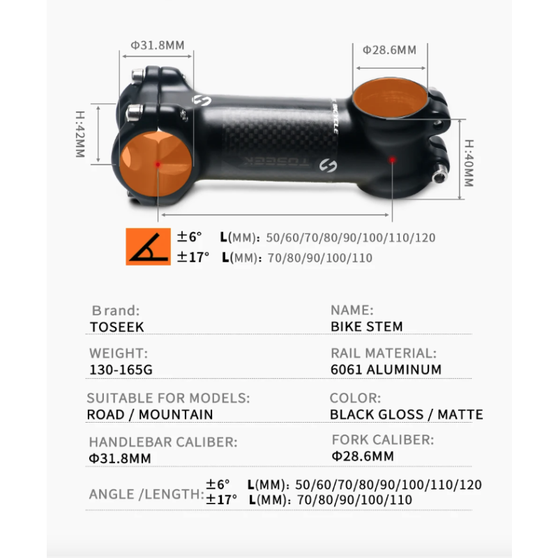 Attacco manubrio bicicletta TOSEEK 28.6-31.8mm leggero e durevole in alluminio e carbonio angolo regolabile finitura nero opaco per appassionati di ciclismo e mountain biking
