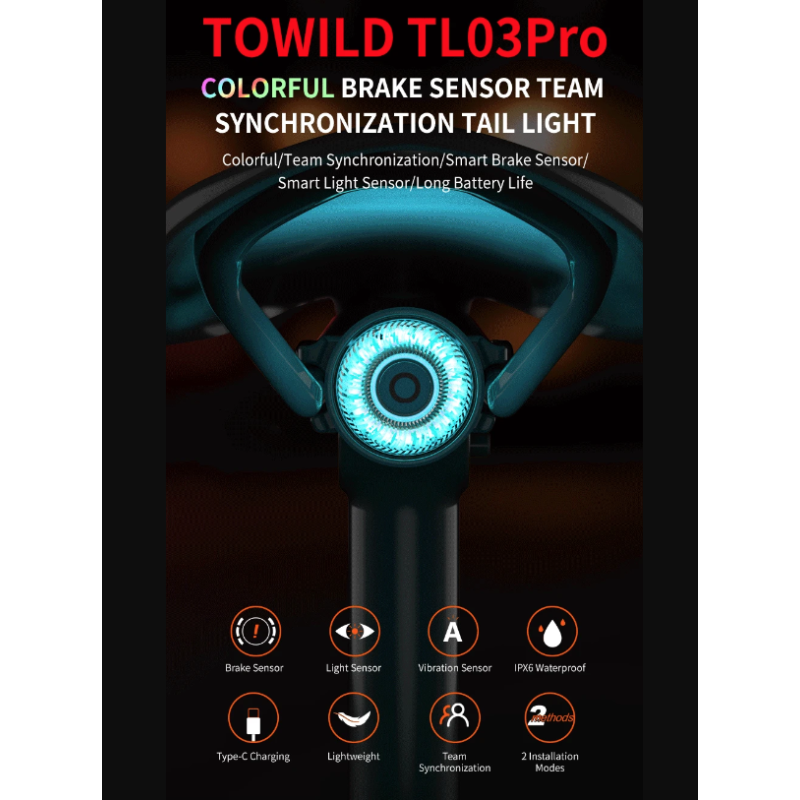 TOWILD TL03Pro Luce Posteriore Bicicletta LED con Sensore di Frenata Intelligente e Flash a Sette Colori Plastica ABS Resistente per Sicurezza e Visibilità Massima