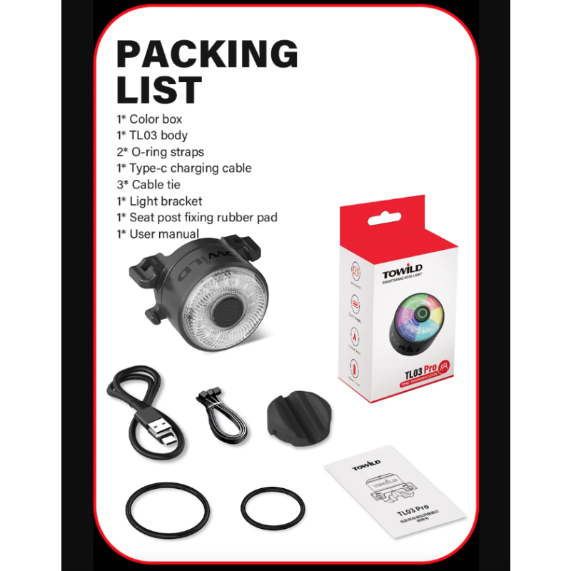 TOWILD TL03Pro Luce Posteriore Bicicletta LED con Sensore di Frenata Intelligente e Flash a Sette Colori Plastica ABS Resistente per Sicurezza e Visibilità Massima
