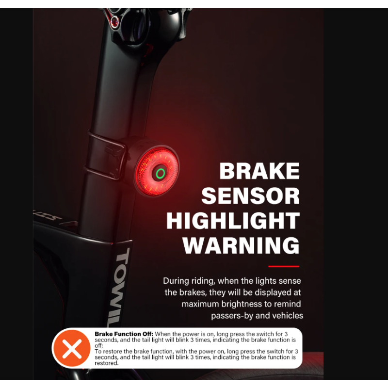 TOWILD TL03Pro Luce Posteriore Bicicletta LED con Sensore di Frenata Intelligente e Flash a Sette Colori Plastica ABS Resistente per Sicurezza e Visibilità Massima