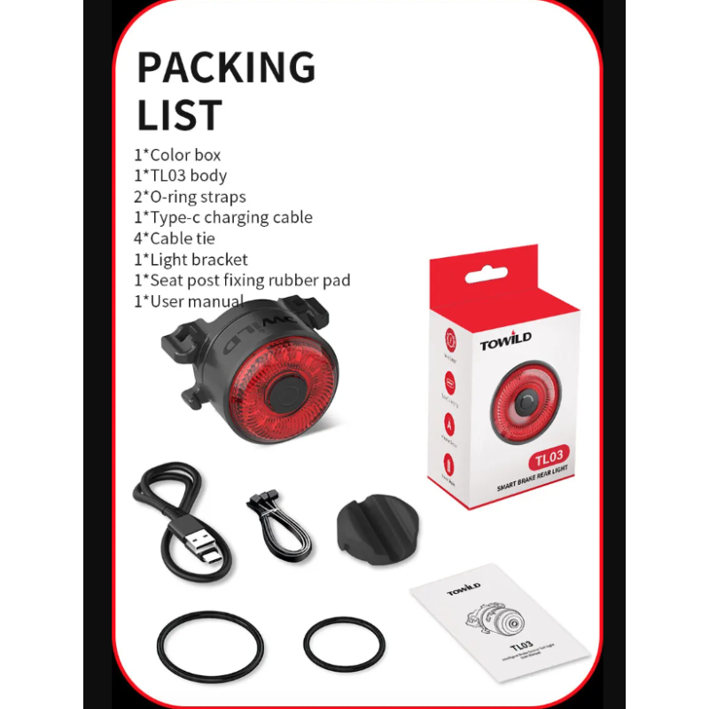 Scopri TOWILD TL03 luce freno intelligente per bicicletta con sensore ambientale design in lega di alluminio cinque modalità di lampeggio per massima sicurezza e visibilità in bici