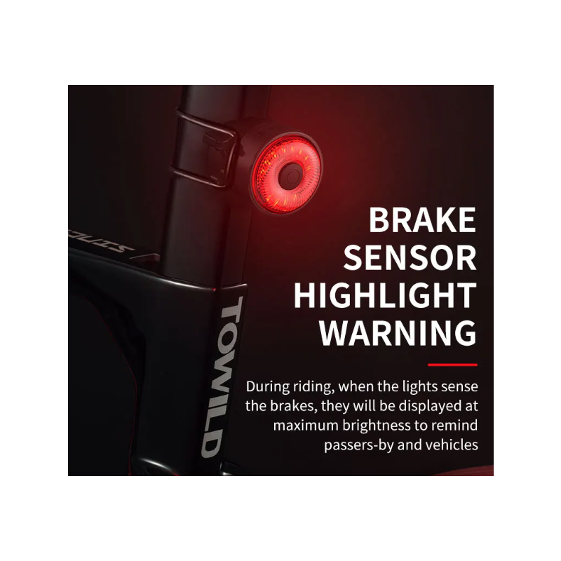 Scopri TOWILD TL03 luce freno intelligente per bicicletta con sensore ambientale design in lega di alluminio cinque modalità di lampeggio per massima sicurezza e visibilità in bici