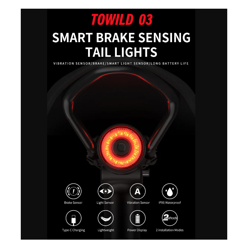 Scopri TOWILD TL03 luce freno intelligente per bicicletta con sensore ambientale design in lega di alluminio cinque modalità di lampeggio per massima sicurezza e visibilità in bici