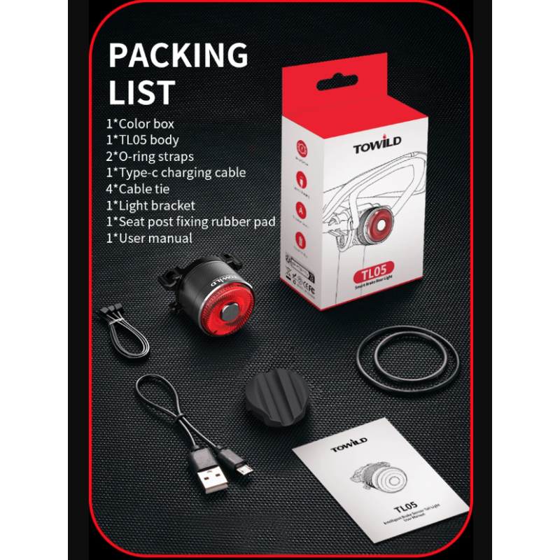 Luce posteriore bicicletta TOWILD TL05 con rilevamento freni automatico LED impermeabile IPX6 batteria 100 ore ricarica USB accessori ciclismo sicurezza MTB e bici da corsa