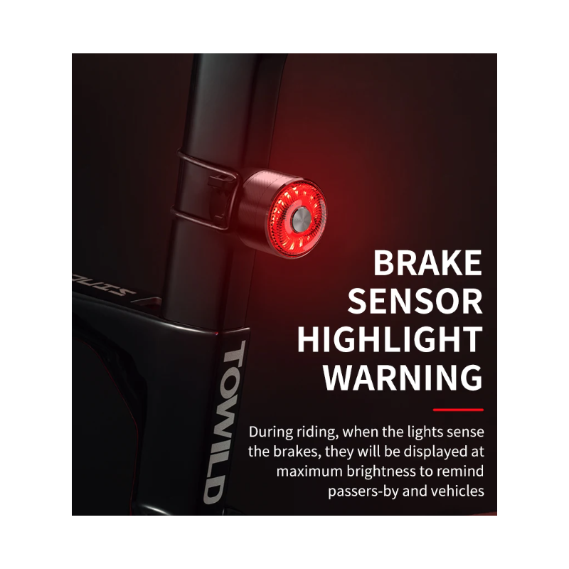 Luce posteriore bicicletta TOWILD TL05 con rilevamento freni automatico LED impermeabile IPX6 batteria 100 ore ricarica USB accessori ciclismo sicurezza MTB e bici da corsa