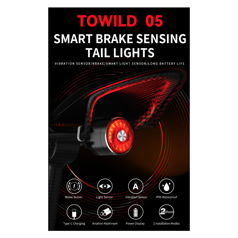 Luce posteriore bicicletta TOWILD TL05 con rilevamento freni automatico LED impermeabile IPX6 batteria 100 ore ricarica USB accessori ciclismo sicurezza MTB e bici da corsa