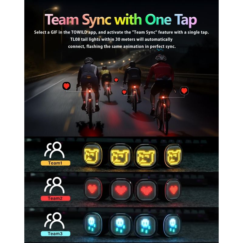 TOWILD TL08 Fanale Posteriore Bici Intelligente, Luce Personalizzabile Display Sensore Freno, USB-C IPX6, Alta Visibilità Ciclismo Sicuro