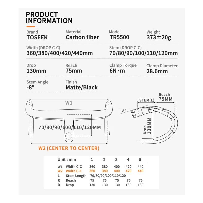 TOSEEK TR5500 attacco manubrio bici da strada design aerodinamico in fibra di carbonio ultra leggero finitura nero opaco parti ciclismo premium per prestazioni robuste su strada