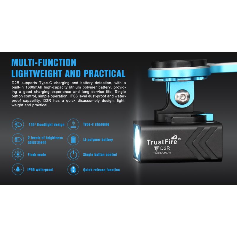TrustFire D2R Luce Anteriore per Bicicletta 450LM Impermeabile IP66 e Durevole Luce per Bici Ricaricabile Tipo-C Perfetta per Ciclismo Urbano e Mountain Bike