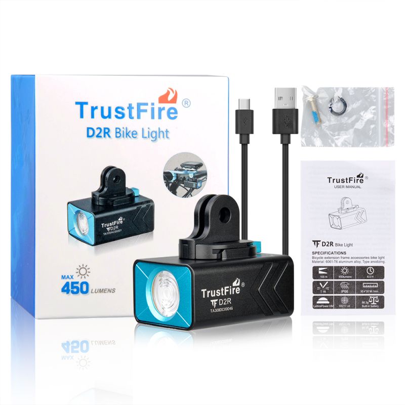 TrustFire D2R Luce Anteriore per Bicicletta 450LM Impermeabile IP66 e Durevole Luce per Bici Ricaricabile Tipo-C Perfetta per Ciclismo Urbano e Mountain Bike