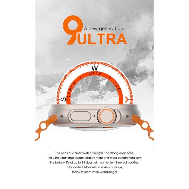 Smart Watch Ultra 9 49mm, Bluetooth, NFC, Chiamate, Bussola GPS, IP68, Tracker Percorso