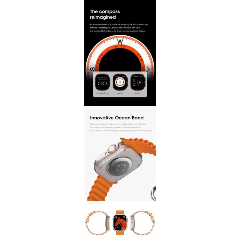 Smart Watch Ultra 9 49mm, Bluetooth, NFC, Chiamate, Bussola GPS, IP68, Tracker Percorso