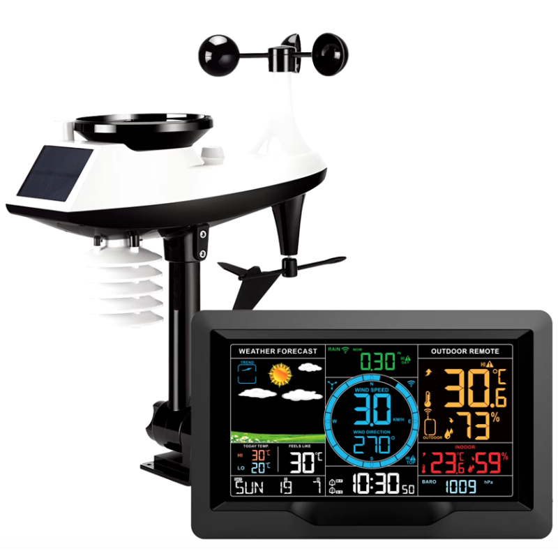 Stazione Meteorologica Wi-Fi Display a Colori 7,5 Pollici con Sensore Solare Wireless Avvisi di Allarme Temperatura e Umidità Impermeabile IPX6 Monitoraggio Smart Previsioni Meteo