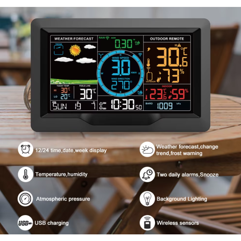 Stazione Meteorologica Wi-Fi Display a Colori 7,5 Pollici con Sensore Solare Wireless Avvisi di Allarme Temperatura e Umidità Impermeabile IPX6 Monitoraggio Smart Previsioni Meteo