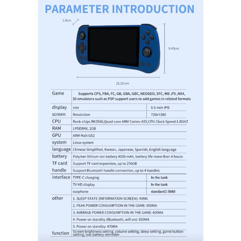 Console di Gioco Portatile POWKIDDY X55 con Schermo IPS da 5.5 Pollici Risoluzione 1280x720 Processore RK3566 Supporto Espansione 256GB Ideale per Appassionati di Giochi Retrò