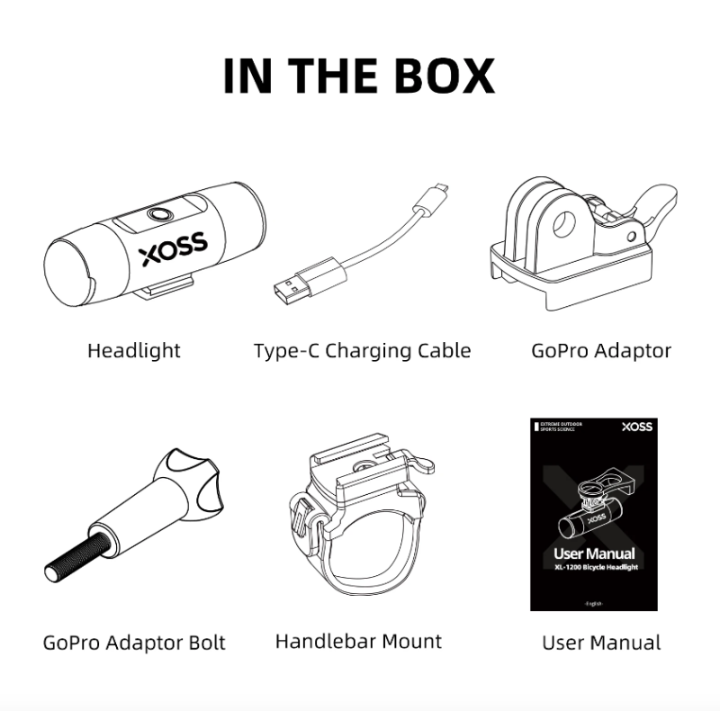 Faretto Bici XOSS XL-1200 Luce Bicicletta 1200 Lumen Lampada Frontale Ricaricabile Accessorio Ciclistico Impermeabile Ricarica Type-C Perfetto per Visibilità e Sicurezza Notturne