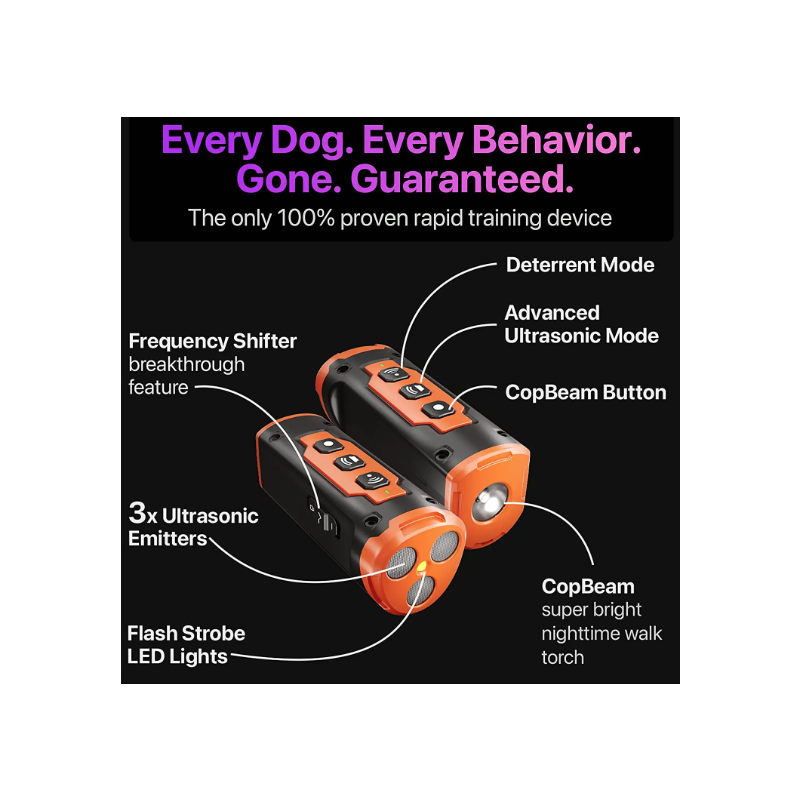 Dispositivo di Addestramento Cani Ultrasuoni Repellente Torcia LED Ricaricabile Controllo Abbaio Efficace Sicuro Indolore per Proprietari Animali gestione comportamento cani