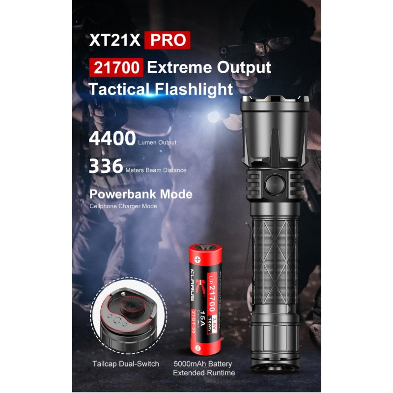 Klarus XT21X Pro torcia LED XHP70.2 4400 lumen ricaricabile ideale per campeggio escursionismo ed emergenze torcia tattica con doppio interruttore e batteria 21700 costruzione robusta