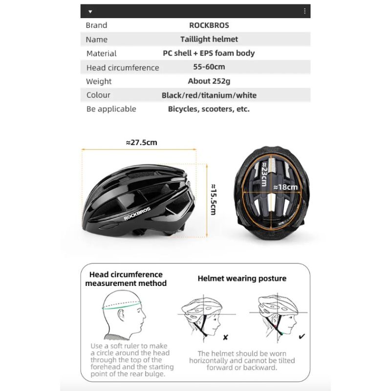 Casco da Bicicletta ROCKBROS con Luce Posteriore LED Ultraleggero e Modellato Integralmente per Sicurezza Ciclismo e Comfort Ideale per Ciclismo Urbano e Mountain Bike