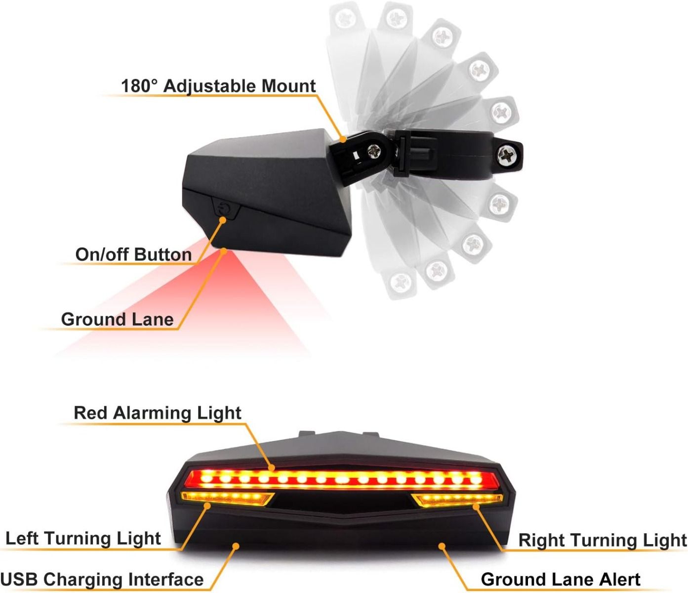 C1 Luce posteriore LED ricaricabile per bici - Telecomando, Luci di svolta, Avviso di corsia a terra, Facile installazione per luce di avvertimento di sicurezza in bicicletta