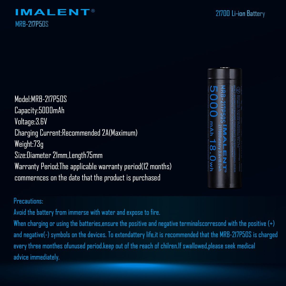 IMALENT MRB-217P50S 21700 5000MAH 3.6V batteria ricaricabile