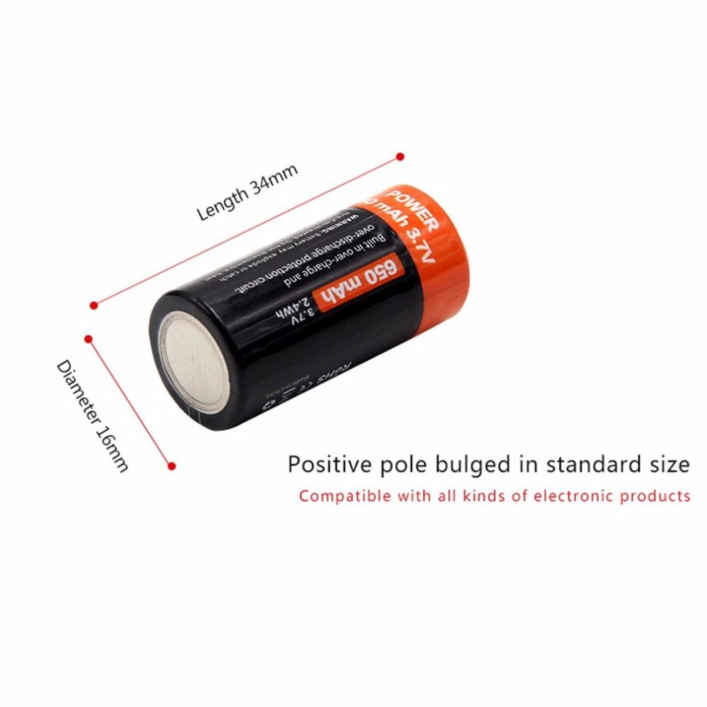 16340 650mAh 3.7V Micro USB Ricaricabile Batteria Li-ion Ecologica di Lunga Durata per Torce e Attrezzatura