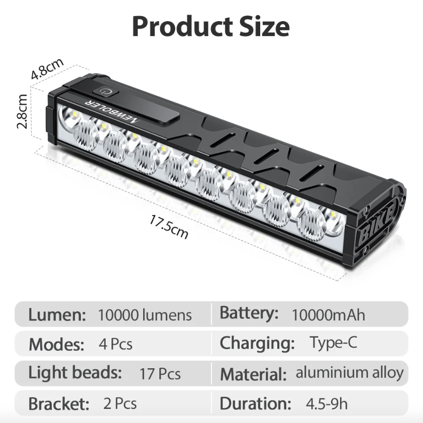 NITEBEAM Luce Anteriore Bicicletta 10000 Lumen Ultra-luminosa Impermeabile MTB e Strada 10000mAh USB Ricarica Modalità di Illuminazione Visibilità Sicurezza Accessori per Bici