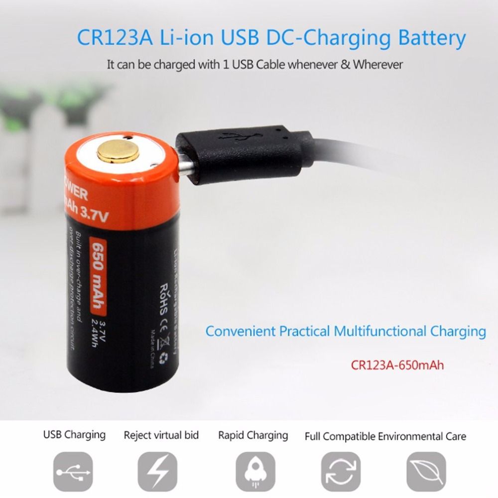 16340 650mAh 3.7V Micro USB Ricaricabile Batteria Li-ion Ecologica di Lunga Durata per Torce e Attrezzatura
