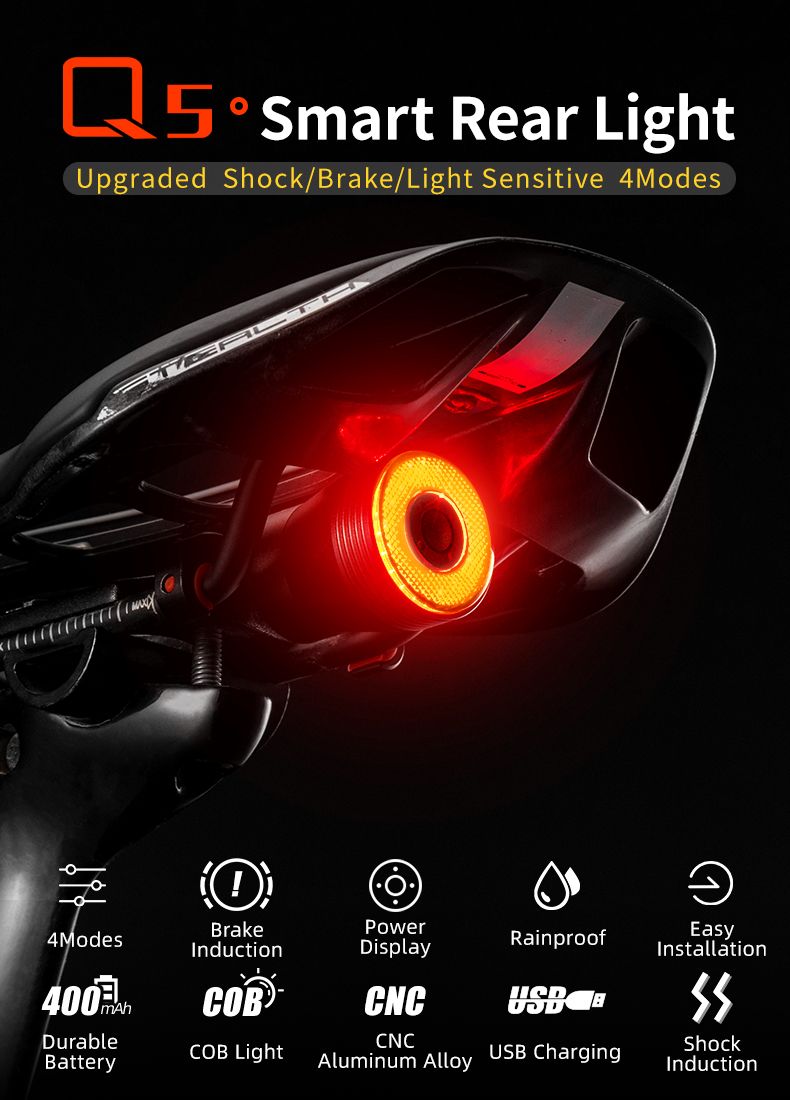 ROCKBROS Q5 Luce intelligente per bicicletta con rilevamento automatico della frenata, fanale posteriore LED impermeabile IPX6, attrezzatura di sicurezza per ciclismo