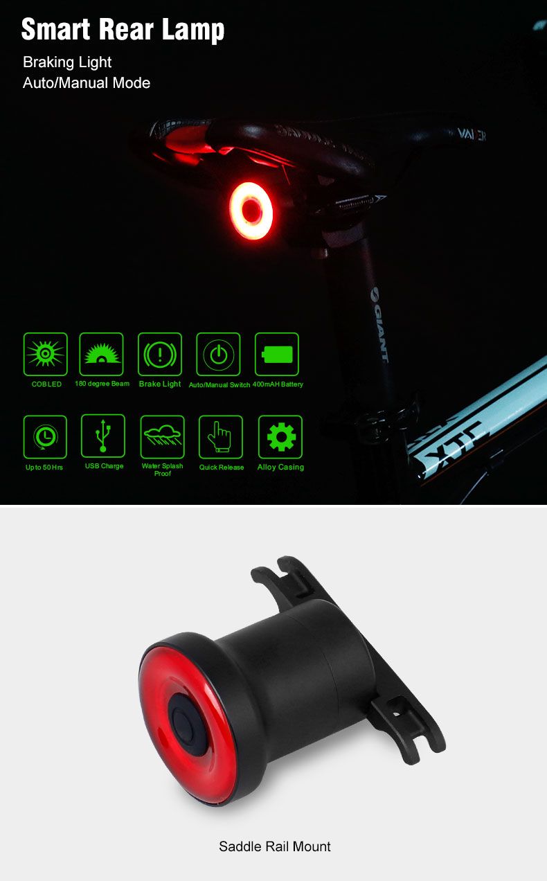 Xlite100 Luce posteriore intelligente per bici, ricaricabile USB, visibilità ciclistica, LED COB super luminoso.